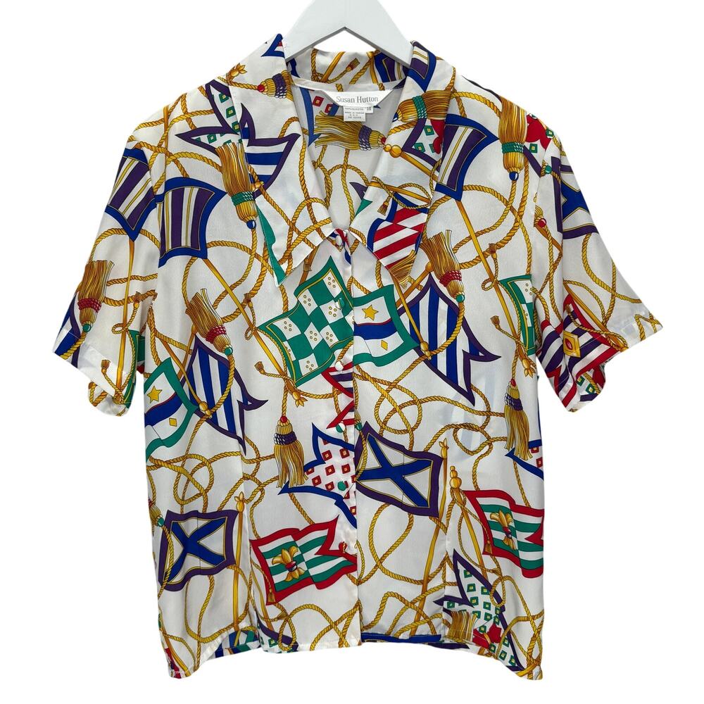 Vintage Susan Hutton Short Sleeve Blouse Sz 14 White Tassel Flag Print Secretary